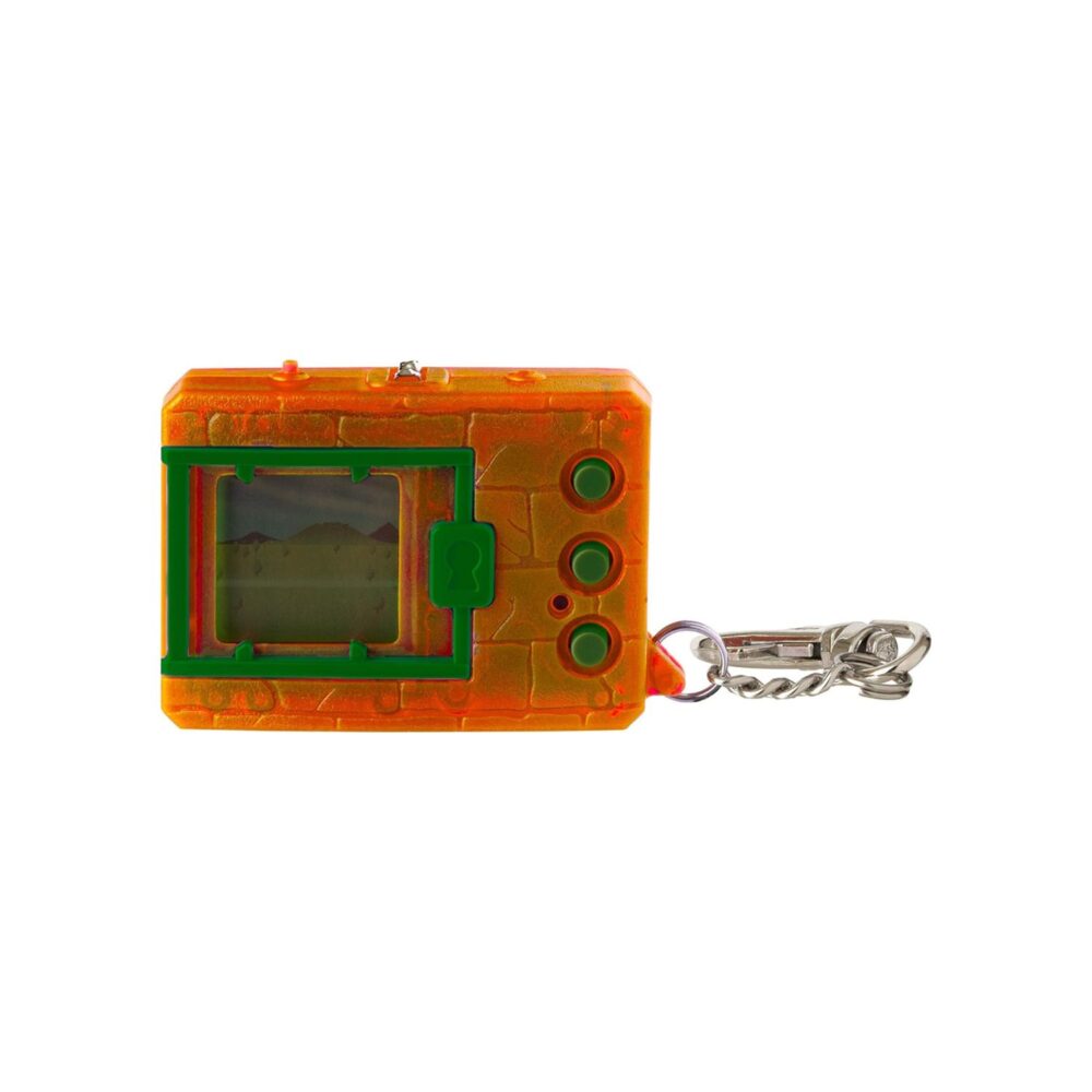 An orange and green keychain with a camera on it.