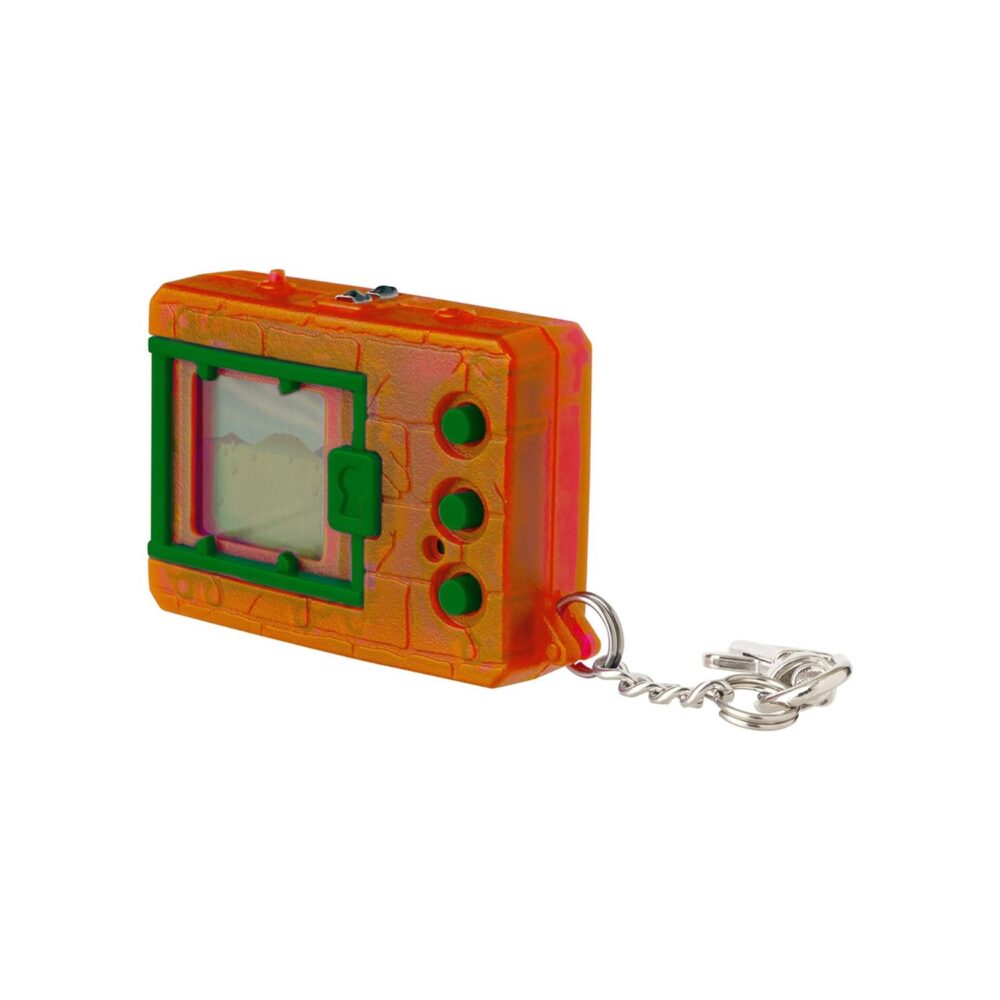 A small orange and green toy with a key chain.
