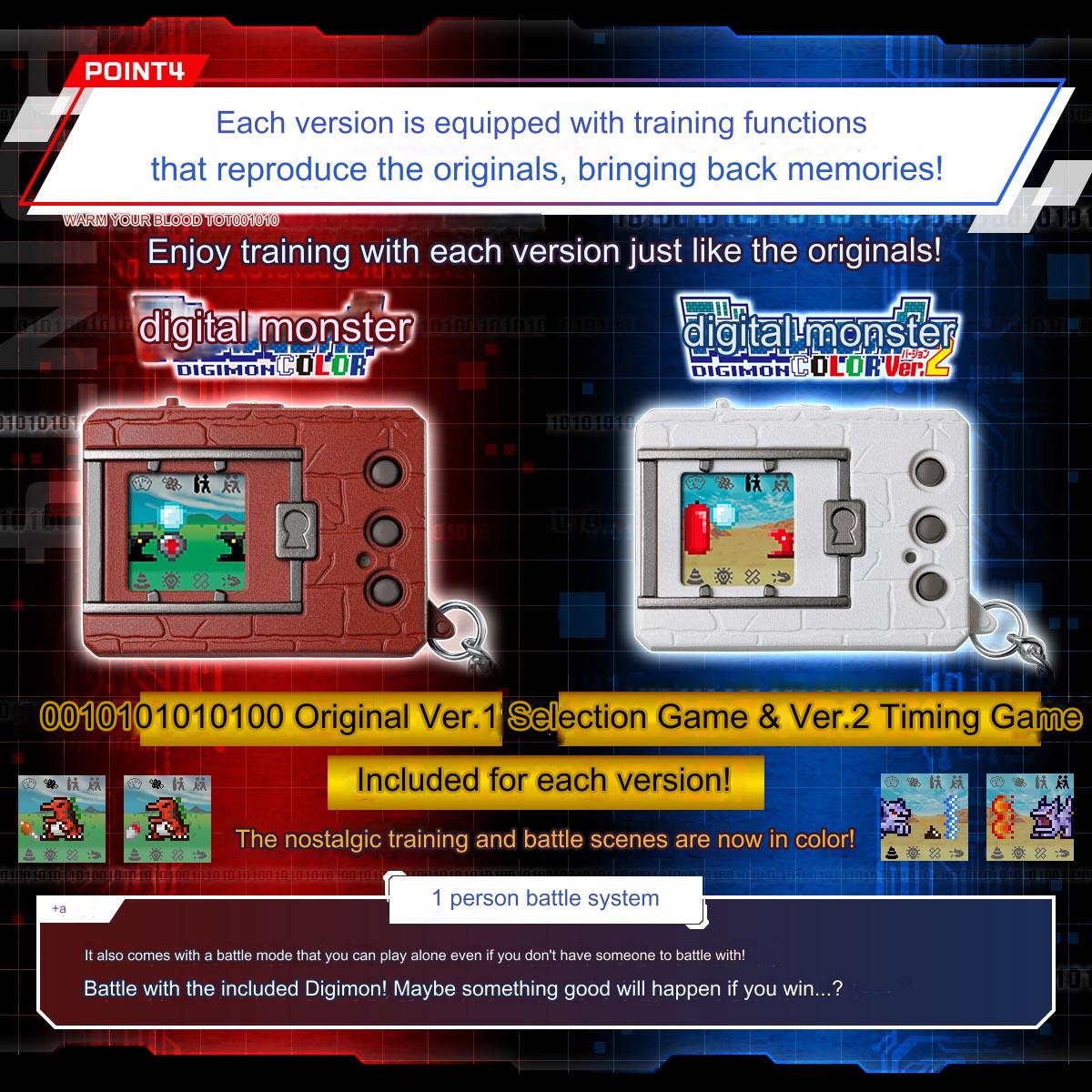 digimon-color-25th-translated (2) Image featuring two versions of Bandai Digimon Color Digivice Vpet Virtual Pet for the 25th Anniversary: Original Ver.1 (red) and Ver.2 (white). Each version includes training functions and battle scenes.
