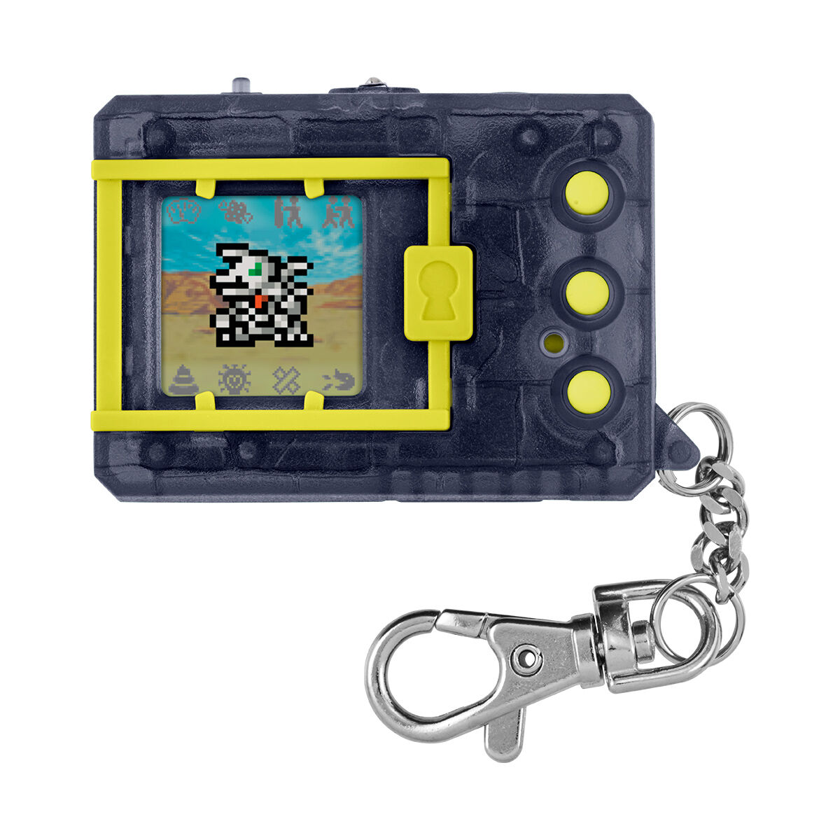 digimon-color-v1-v2-ver1-ver2 (7) A dark gray handheld digital device with a small screen displaying a pixelated character, featuring three buttons on the side and a keychain attachment.