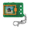 digimon-color-v3-v4-v5 (1) A green digital pet device with an orange frame features a pixelated character on its screen. A silver keychain is attached to its side.