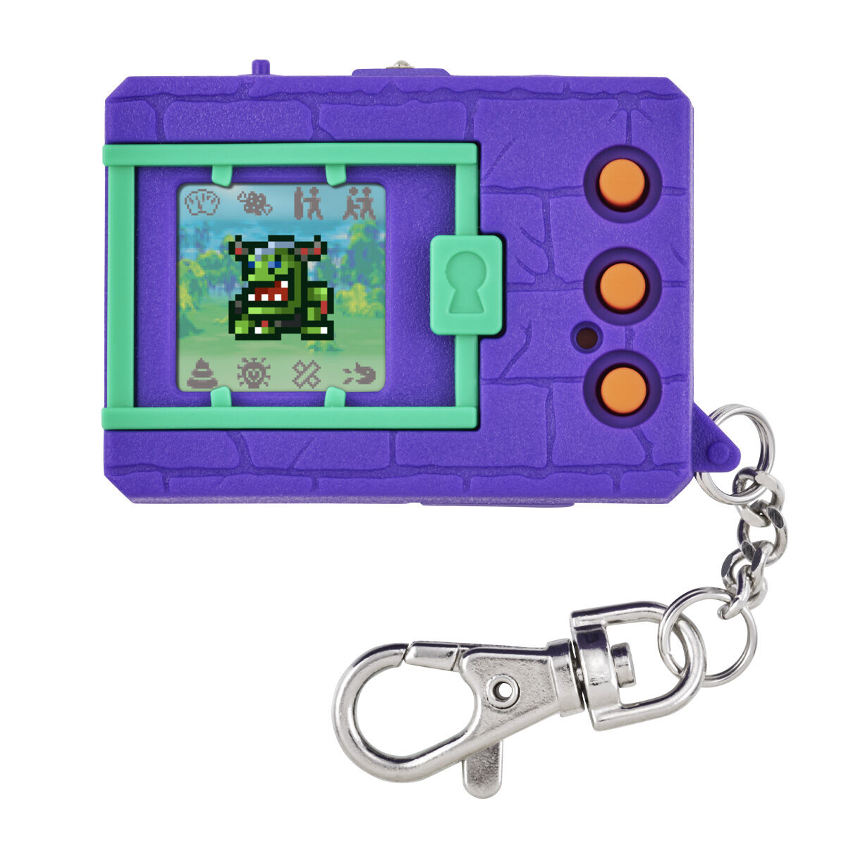 digimon-color-v3-v4-v5 (3) A purple and green virtual pet device with three orange buttons and a keychain attachment. The screen displays a pixelated creature.