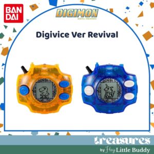 Two Bandai Digimon Digivice Ver Revival Taichi Yagami and Yamato Ishida Color Vpet Virtual Pet Adventure toys, one yellow and one blue, featuring digital creature images on their screens, are displayed under the “Digivice Ver Revival” text on a decorated background.