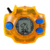 A Bandai Digimon Digivice Ver Revival Taichi Yagami Yamato Ishida Color Vpet Virtual Pet Adventure, featuring an orange design with blue buttons, displays a pixelated dinosaur on its screen.
