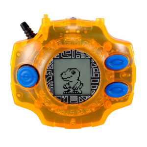 A Bandai Digimon Digivice Ver Revival Taichi Yagami Yamato Ishida Color Vpet Virtual Pet Adventure, featuring an orange design with blue buttons, displays a pixelated dinosaur on its screen.