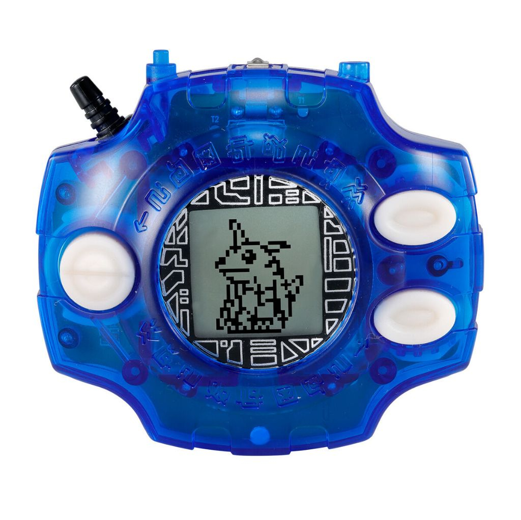 A Bandai Digimon Digivice Ver Revival handheld digital pet in the Taichi Yagami and Yamato Ishida color, featuring a pixelated creature on its blue screen and surrounded by white buttons.