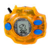 Bandai Digimon Digivice Ver Revival Taichi Yagami Yamato Ishida Color Vpet Virtual Pet Adventure is an orange digital pet device featuring three blue buttons and displays a pixelated dinosaur on its screen.