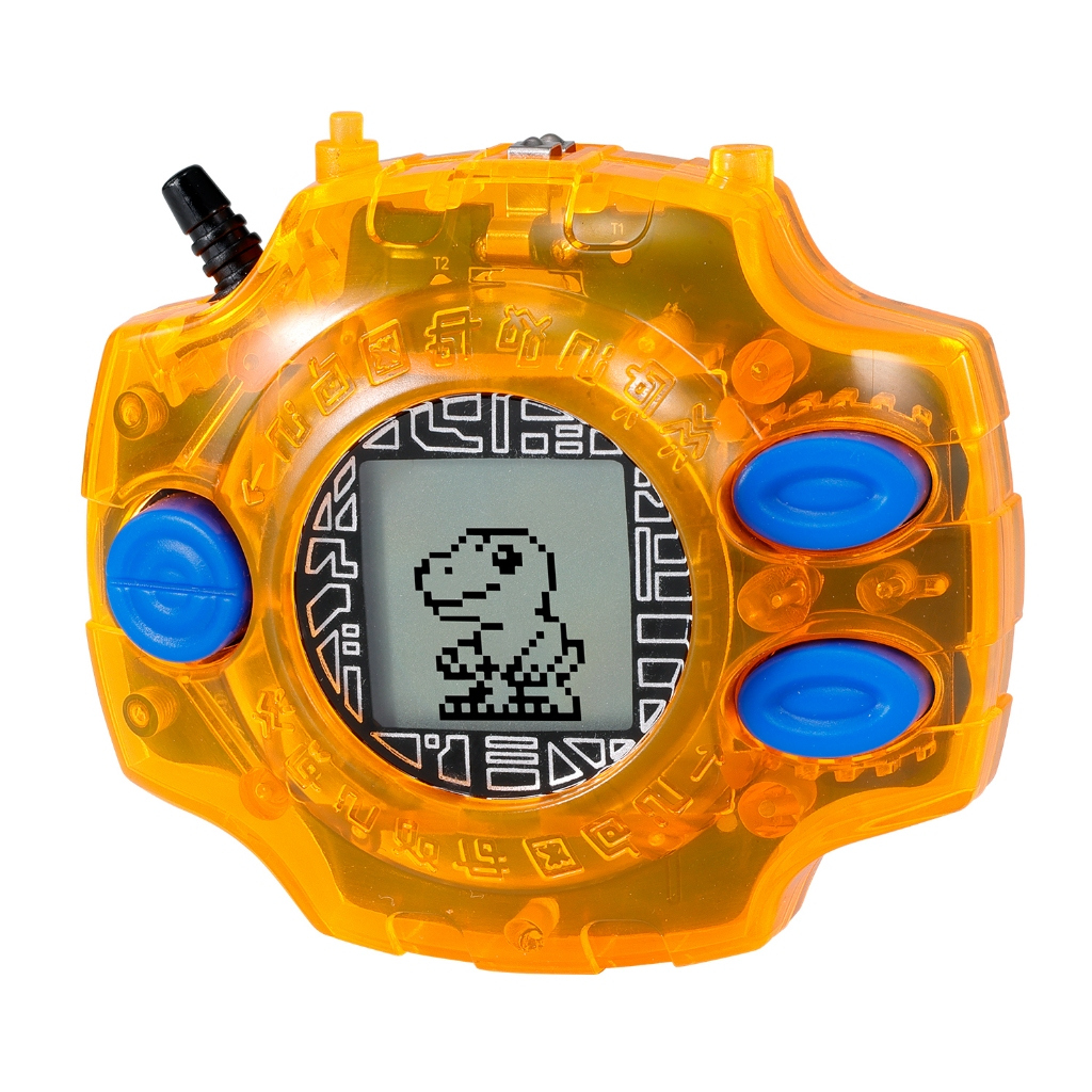 Bandai Digimon Digivice Ver Revival Taichi Yagami Yamato Ishida Color Vpet Virtual Pet Adventure is an orange digital pet device featuring three blue buttons and displays a pixelated dinosaur on its screen.