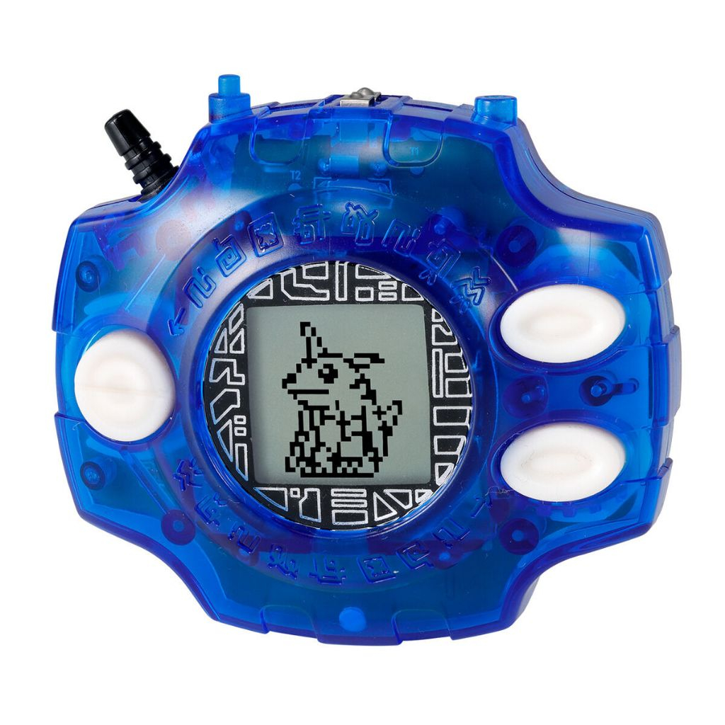 Bandai Digimon Digivice Ver Revival Taichi Yagami Yamato Ishida Color Vpet virtual pet adventure device in blue, featuring four white buttons and a pixelated dinosaur character displayed on its screen.