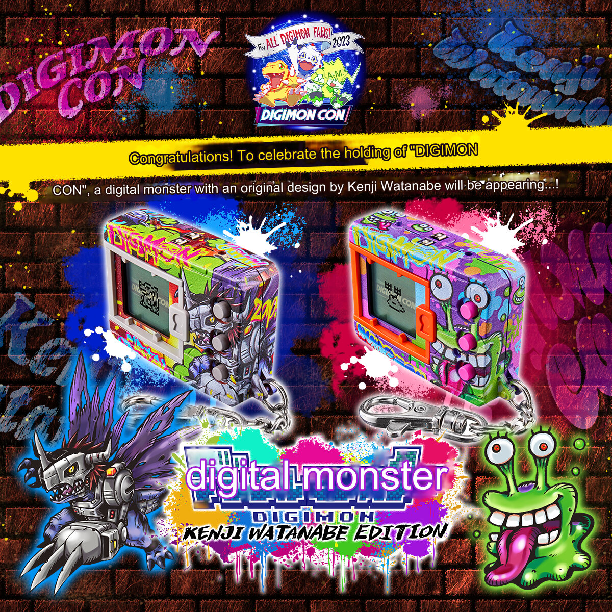 digimon-kenji-watanabe-edition (1) Vibrant promotional image for the Bandai Digimon Digivice Kenji Watanabe Metal Greymon Numemon Vpet 20th Virtual Pet Monster, showcasing two colorfully designed devices with lively cartoon characters in the background.