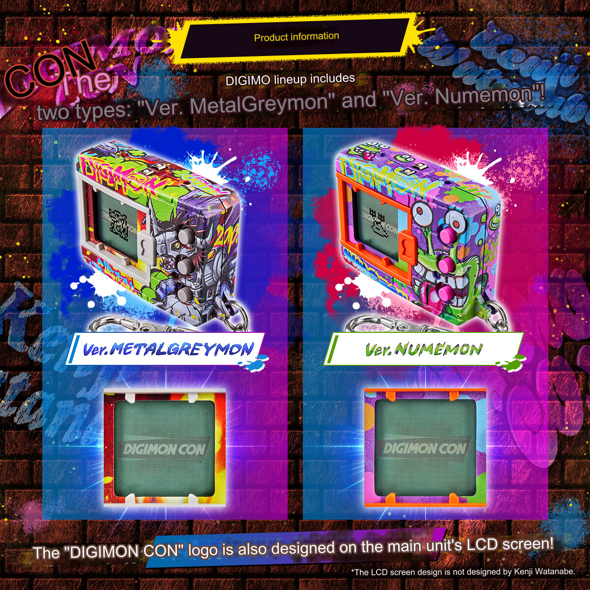 digimon-kenji-watanabe-edition (2) Image showing two Bandai Digimon Digivice Kenji Watanabe Vpet 20th Virtual Pet Monster devices with unique designs: "Ver. METALGREYMON" featuring a robotic motif and "Ver. NUMEMON" with a graffiti theme. The devices' screens display the "DIGIMON CON" logo.