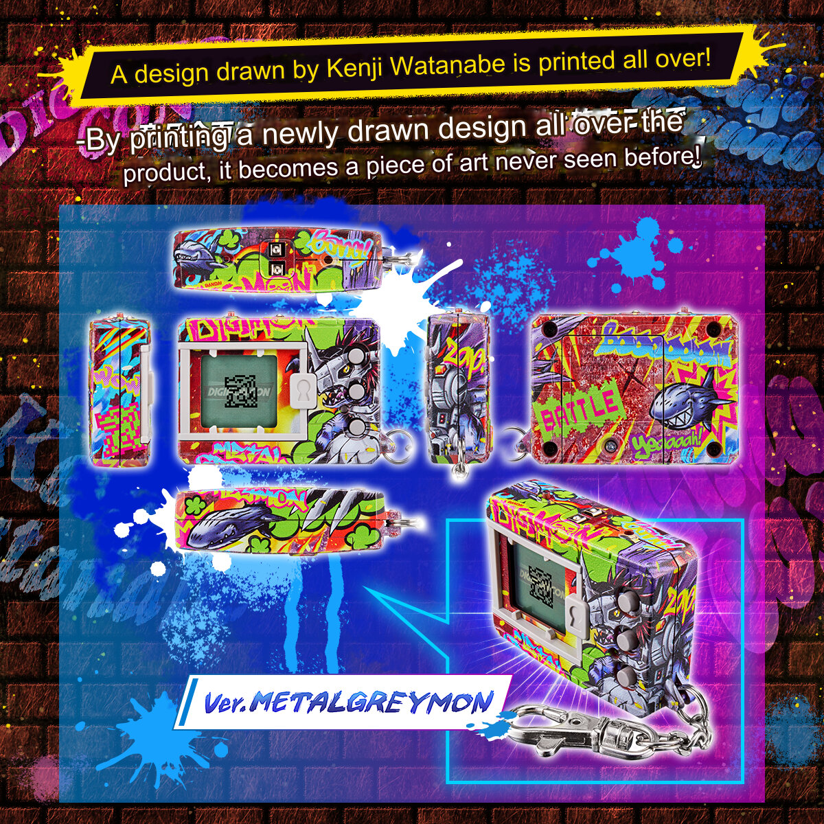 digimon-kenji-watanabe-edition (3) A vibrant digital design by Kenji Watanabe features a colorful, graffiti-style graphic on the Bandai Digimon Digivice 20th Virtual Pet Monster, showcasing dynamic illustrations along with the text "Battle Ver. MetalGreymon.