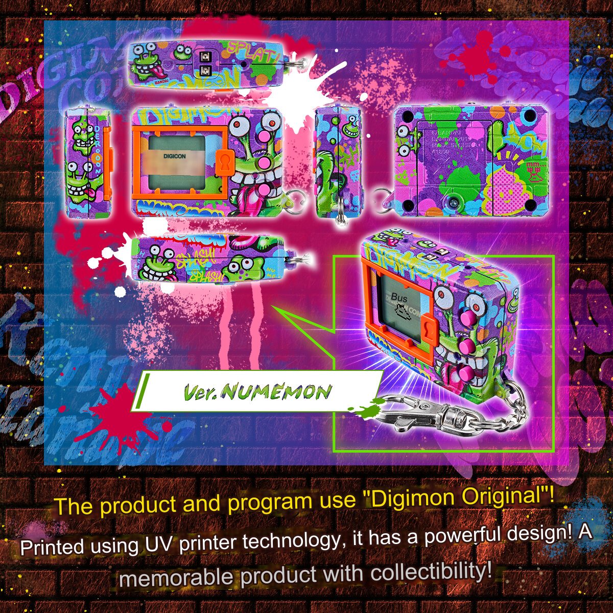 digimon-kenji-watanabe-edition (4) Image of a vibrant Bandai Digimon Digivice Kenji Watanabe digital device with graffiti-like designs and the text "Ver. NUMÉMON" below it. The background features a neon, brick-wall pattern.
