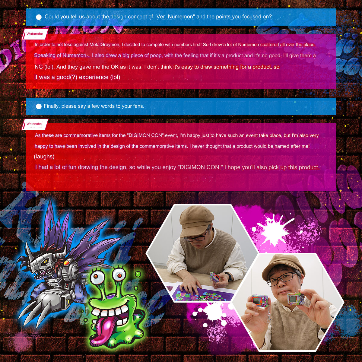 digimon-kenji-watanabe-edition (6) Three-part collage: a person reading, drawing cartoon characters, and holding trading cards. Dialog boxes capture their thoughts on designing the 'Bandai Digimon Digivice Kenji Watanabe Metal Greymon Numemon Vpet 20th Virtual Pet Monster' and their positive experience creating it.