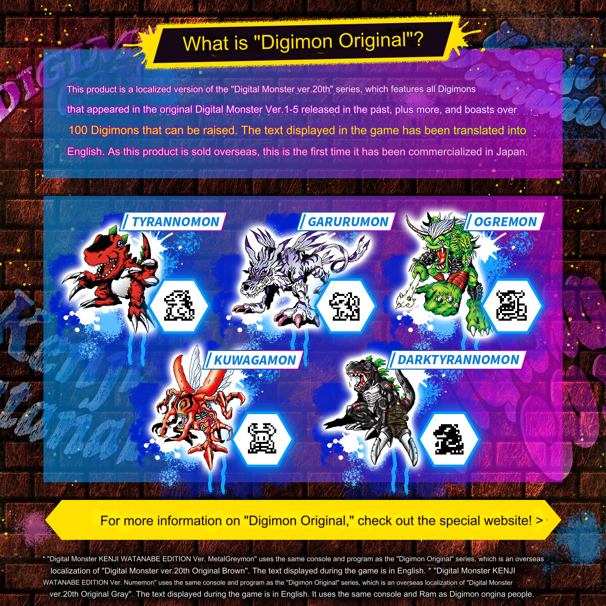digimon-kenji-watanabe-edition (7) Introducing the "Bandai Digimon Digivice Kenji Watanabe 20th Virtual Pet Monster," a vibrant information board that showcases characters like Tyrannomon, Garurumon, Ogremon, Kuwagamon, and DarkTyrannomon alongside engaging descriptive text. Visit the exclusive website for additional details on this captivating Digivice!