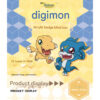 Promotional image for Digimon Adventure Digital Monster Toei Animation Acrylic Badge Hexagonal Figure Toy blind box, showcasing Agumon and Veemon. There are 12 types in total, each badge measuring 44mm x 51mm, set against a geometric yellow and blue background.