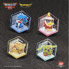 Four hexagonal acrylic badge stands from the “Digimon Adventure Digital Monster Toei Animation” collection feature cartoon Digimon: a blue wolf, a red bird, a tan armadillo, and a green worm, each on distinctively colored backgrounds with character names displayed.