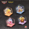 Four hexagonal acrylic stands from the “Digimon Adventure Digital Monster Toei Animation Acrylic Badge Hexagonal Hexagon Figure Toy” collection display cartoon Digimon characters—Agumon, Gabumon, Biyomon, and Tentomon—each on a differently colored base, set against a textured dark background.