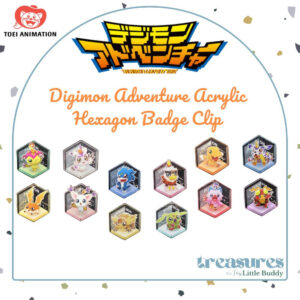 Twelve Digimon Adventure Digital Monster Toei Animation Acrylic Badge Hexagonal Figure Toys are displayed in two rows beneath the series logo and product name.