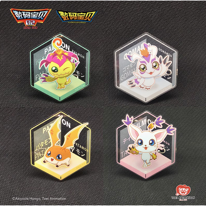 The Digimon Adventure Digital Monster Toei Animation Acrylic Badge Hexagonal Figure Toy features four hexagonal acrylic stands, each showcasing a Digimon character—Palmon (top left), Gatomon (top right), Patamon (bottom left), and Lopmon (bottom right)—displayed inside clear cases with their names.