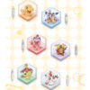 Six hexagonal acrylic badges from the Digimon Adventure Digital Monster Toei Animation collection feature cartoon creatures—Agumon, Gabumon, Palmon, Patamon, Gatomon, and Biyomon—each displayed against a patterned hexagonal background.