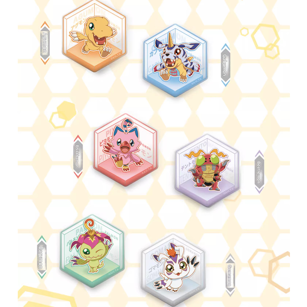 Six hexagonal acrylic badges from the Digimon Adventure Digital Monster Toei Animation collection feature cartoon creatures—Agumon, Gabumon, Palmon, Patamon, Gatomon, and Biyomon—each displayed against a patterned hexagonal background.