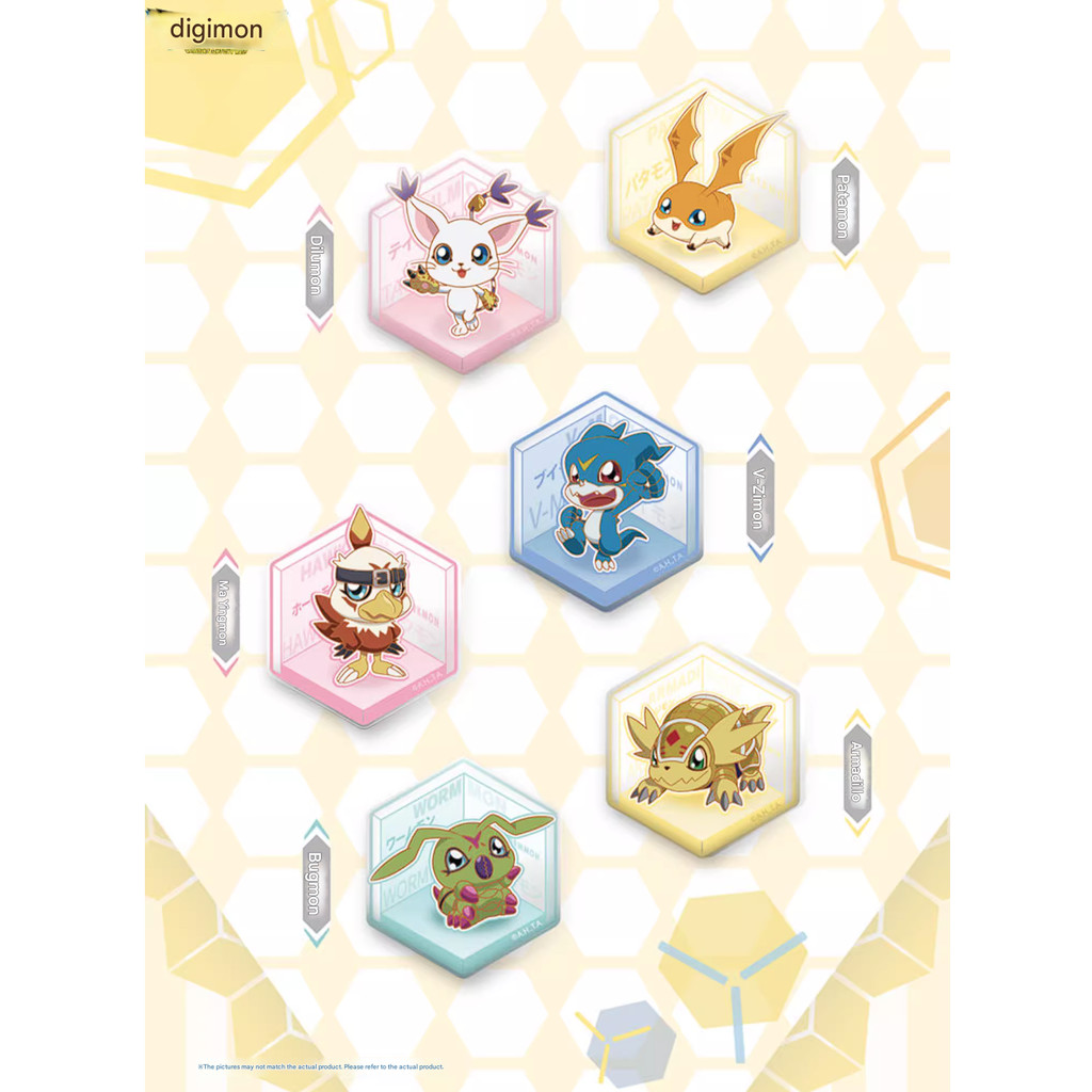 Six Digimon Adventure Digital Monster characters—Gatomon, Patamon, Biyomon, Gabumon, Palmon, and Tentomon—are featured with their names in hexagonal frames on this Toei Animation Acrylic Badge Hexagonal Figure Toy, set against a yellow honeycomb background.