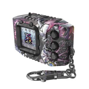 A Digimon Pendulum Color Godzilla Edition Omegamon G Fusion Mode Side Godzilla Side Digimon Color digital pet device in black and purple, featuring three buttons, a screen displaying a pixelated creature, and an attached metal keychain.