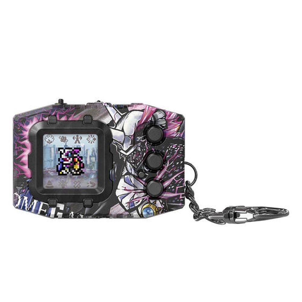 A Digimon Pendulum Color Godzilla Edition Omegamon G Fusion Mode Side Godzilla Side Digimon Color digital pet keychain device featuring a patterned black and purple exterior, three buttons, an attached chain, and a screen displaying a pixelated character.