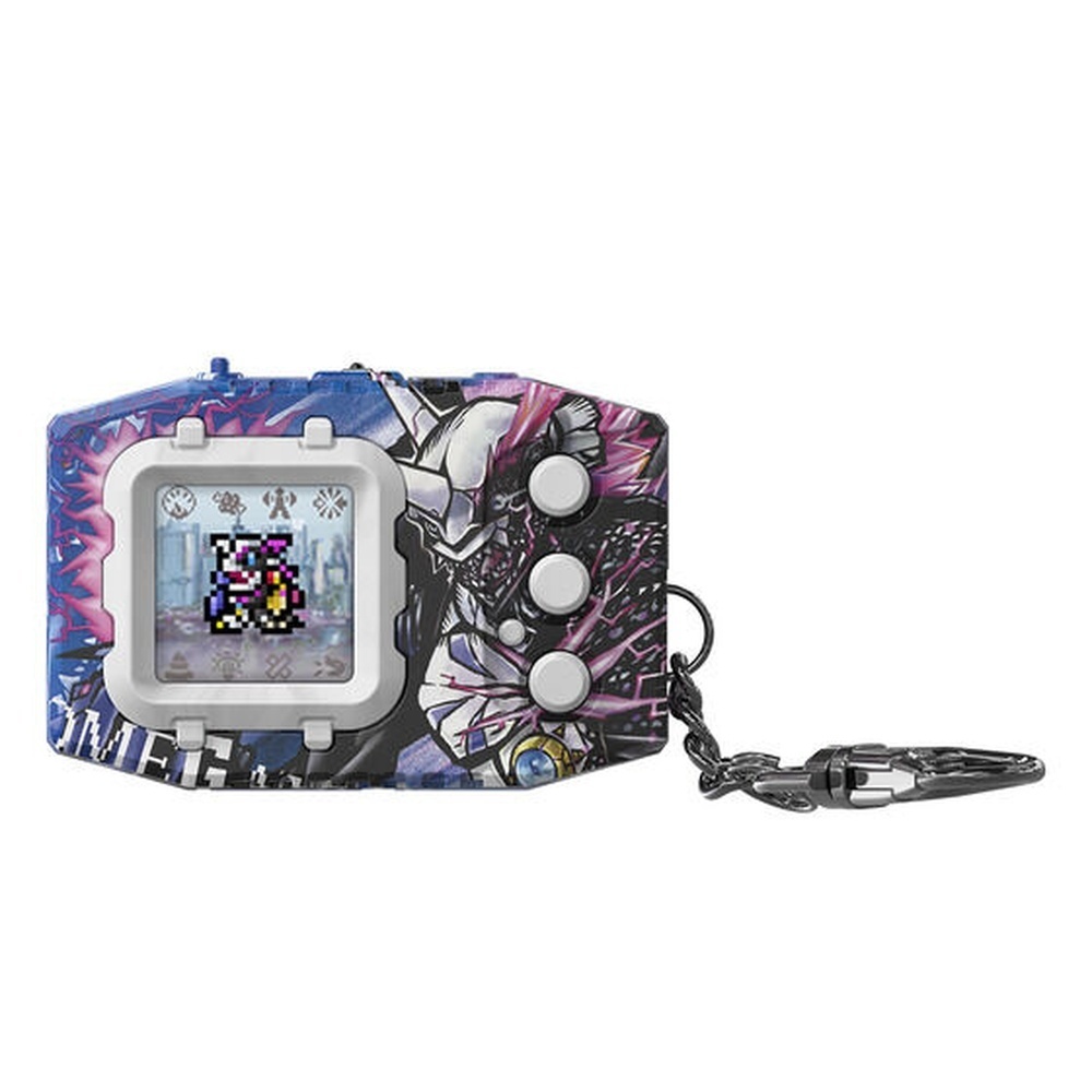 Digimon Pendulum Color Godzilla Edition Omegamon G Fusion Mode Side Godzilla Side Digimon Color is a digital pet keychain featuring a small screen that displays a pixelated character, three round buttons, and a black-and-purple design with an attached chain.