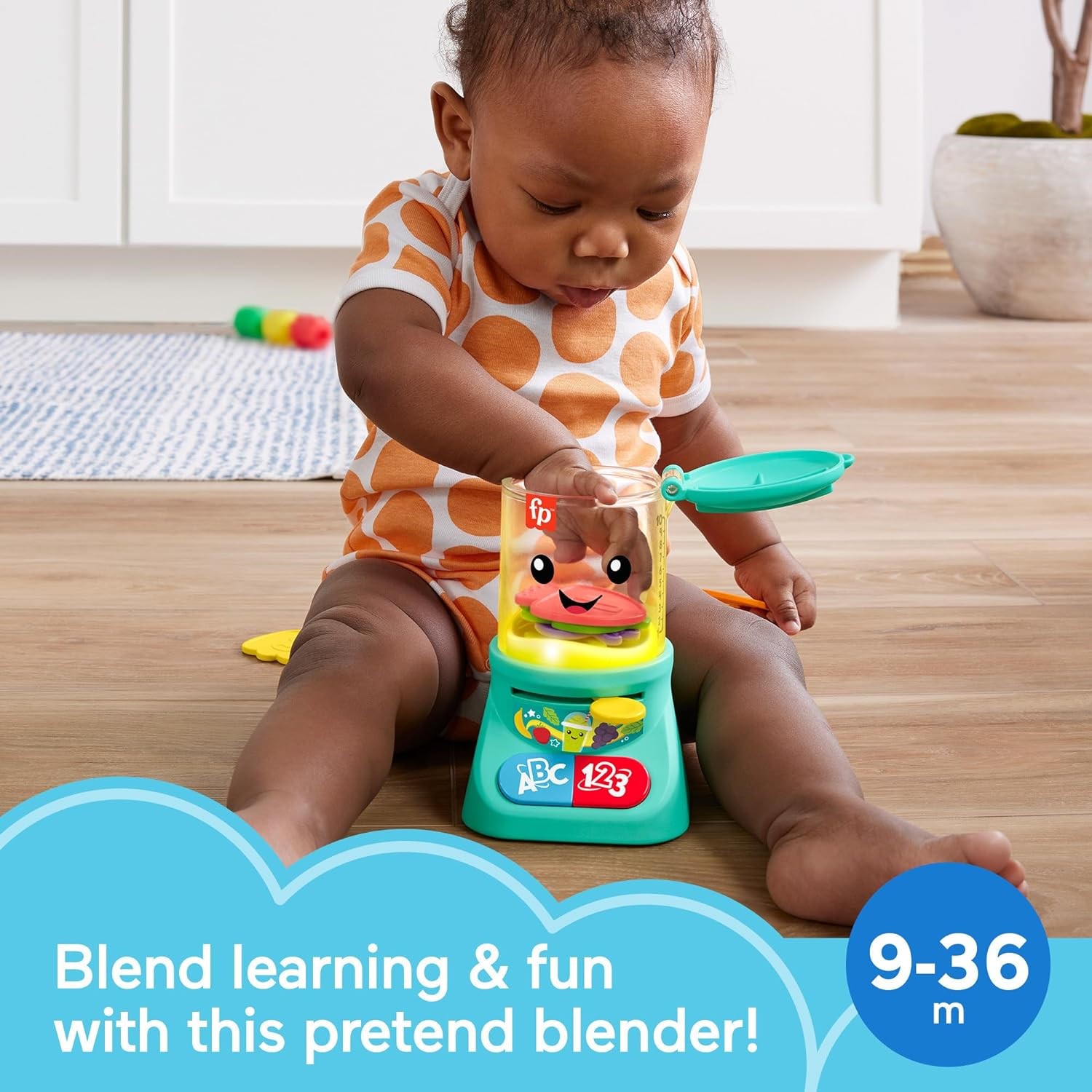 fisher-price-laugh-learn-counting-colors-smoothie-makers (3) A baby sits on the floor playing with a colorful Fisher-Price Laugh & Learn Baby & Toddler Toy Counting & Colors. Text on the image reads, "Blend learning & fun with this pretend blender! 9-36m".