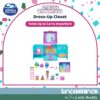 gabbydollhouse-dressupcloset-56 Gabby’s Dollhouse Dress-Up Closet Portable Playset is shown open, featuring mini figures, accessories, and a vibrant wardrobe displayed in front. Text highlights that it folds up for easy carrying.