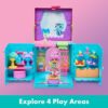 gabbydollhouse-dressupcloset-59 Gabby’s Dollhouse Dress-Up Closet Portable Playset: Includes a Gabby doll, surprise accessories, and four themed play areas such as a vanity, wardrobe, and mirror. Set against a pink and blue background with text: “Explore 4 Play Areas.”.