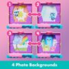 gabbydollhouse-dressupcloset-60 Gabby’s Dollhouse Dress-Up Closet Portable Playset includes four interchangeable photo backgrounds, each numbered 1 to 4, with colorful cartoon scenes of animals, a tree, and smiling shapes. Text below reads: “4 Photo Backgrounds.”.