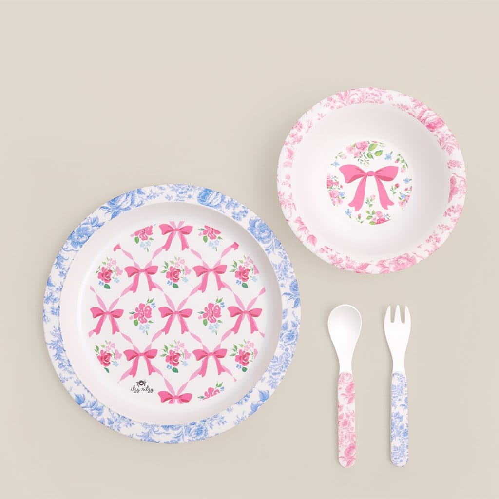 Itzy Ritzy Itzy Bistro mealtime tableware set in the Ribbons and Roses pattern Itzy Ritzy Itzy Bistro mealtime tableware set in the Ribbons and Roses pattern