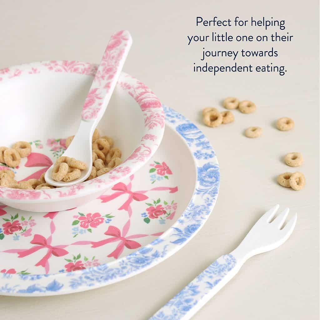Itzy Ritzy Itzy Bistro mealtime tableware set in the Ribbons and Roses pattern Itzy Ritzy Itzy Bistro mealtime tableware set in the Ribbons and Roses pattern