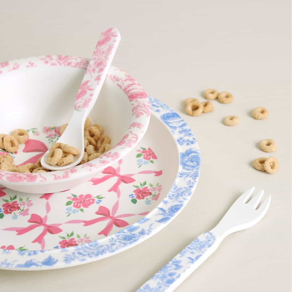 Itzy Ritzy Itzy Bistro mealtime tableware set in the Ribbons and Roses pattern Itzy Ritzy Itzy Bistro mealtime tableware set in the Ribbons and Roses pattern