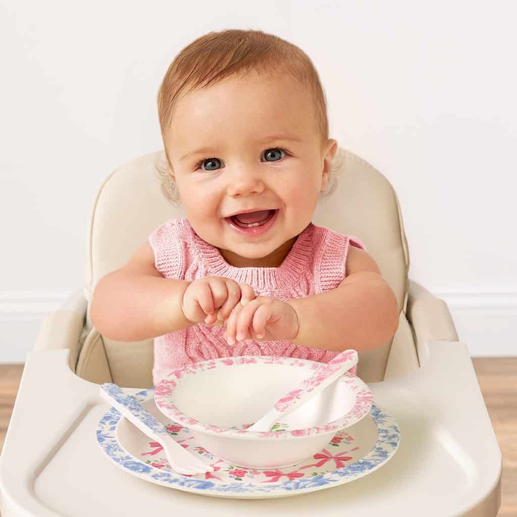 Itzy Ritzy Itzy Bistro mealtime tableware set in the Ribbons and Roses pattern Itzy Ritzy Itzy Bistro mealtime tableware set in the Ribbons and Roses pattern