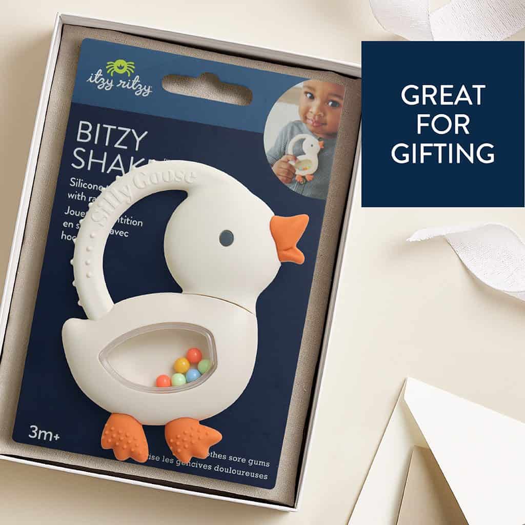 Itzy Ritzy Bitzy Shake silicone teether with rattle, Gracie the Goose Itzy Ritzy Bitzy Shake silicone teether with rattle, Gracie the Goose
