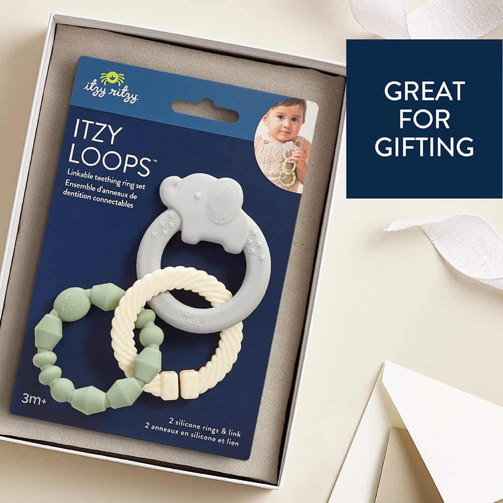 Itzy Ritzy Itzy Loops linkable silicone teething ring set with elephant charm Itzy Ritzy Itzy Loops linkable silicone teething ring set with elephant charm