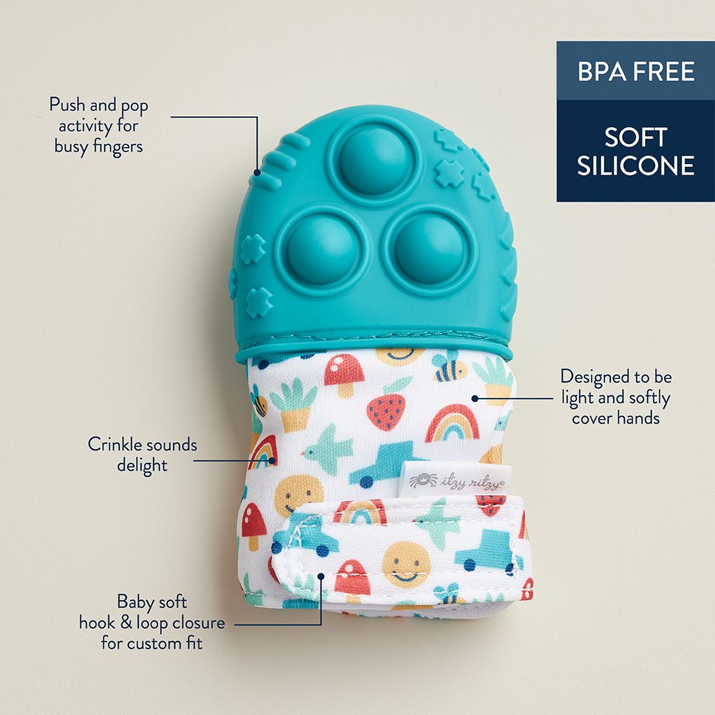 Itzy Ritzy Itzy Mitt Pop silicone teething mitt with poppers Icon Teal product photo 6 Itzy Ritzy Itzy Mitt Pop silicone teething mitt with poppers Icon Teal product photo 6