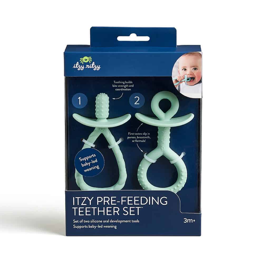 Itzy Ritzy Itzy Pre Feeding teether set with looped handles in green Itzy Ritzy Itzy Pre Feeding teether set with looped handles in green