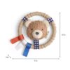 itzy-ring-pal-bear-05 Circular baby teether toy with a plush bear head, ribbon tags in red, white, and blue. Dimensions: 4.7 in tall, 5.1 in wide, 1.3 in thick.