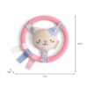 itzy-ring-pal-kitty-05 Pink ring toy with a plush cat face in the center, blue and white bow accents, and labeled dimensions: 4.7 in tall, 5.1 in wide, 1.3 in deep.