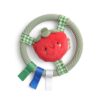 itzy-ring-pal-tomato-01 A green textured ring with a plush red strawberry in the center, decorated with green, blue, and white ribbon loops.