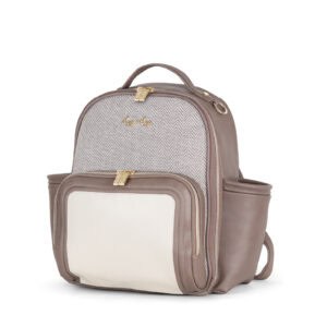 A beige and white backpack with gold zippers and a small front pocket. The bag has a handle on top and two side pockets.