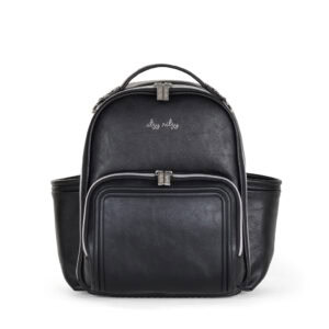 A beige and white backpack with gold zippers and a small front pocket. The bag has a handle on top and two side pockets.