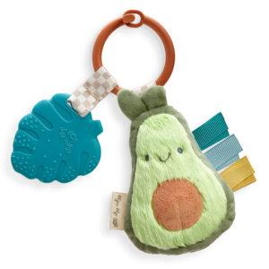 A plush Itzy Ritzy - Itzy Pal toy with a textured blue leaf teether and colorful ribbon tags, attached to a ring.