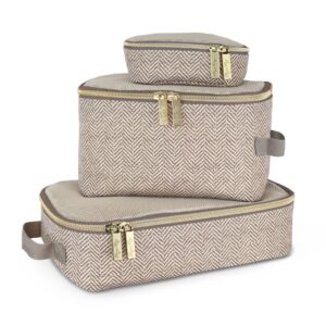 Beige herringbone travel bag set.