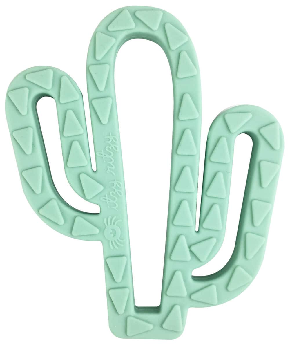 A green cactus shaped teether on a white background.